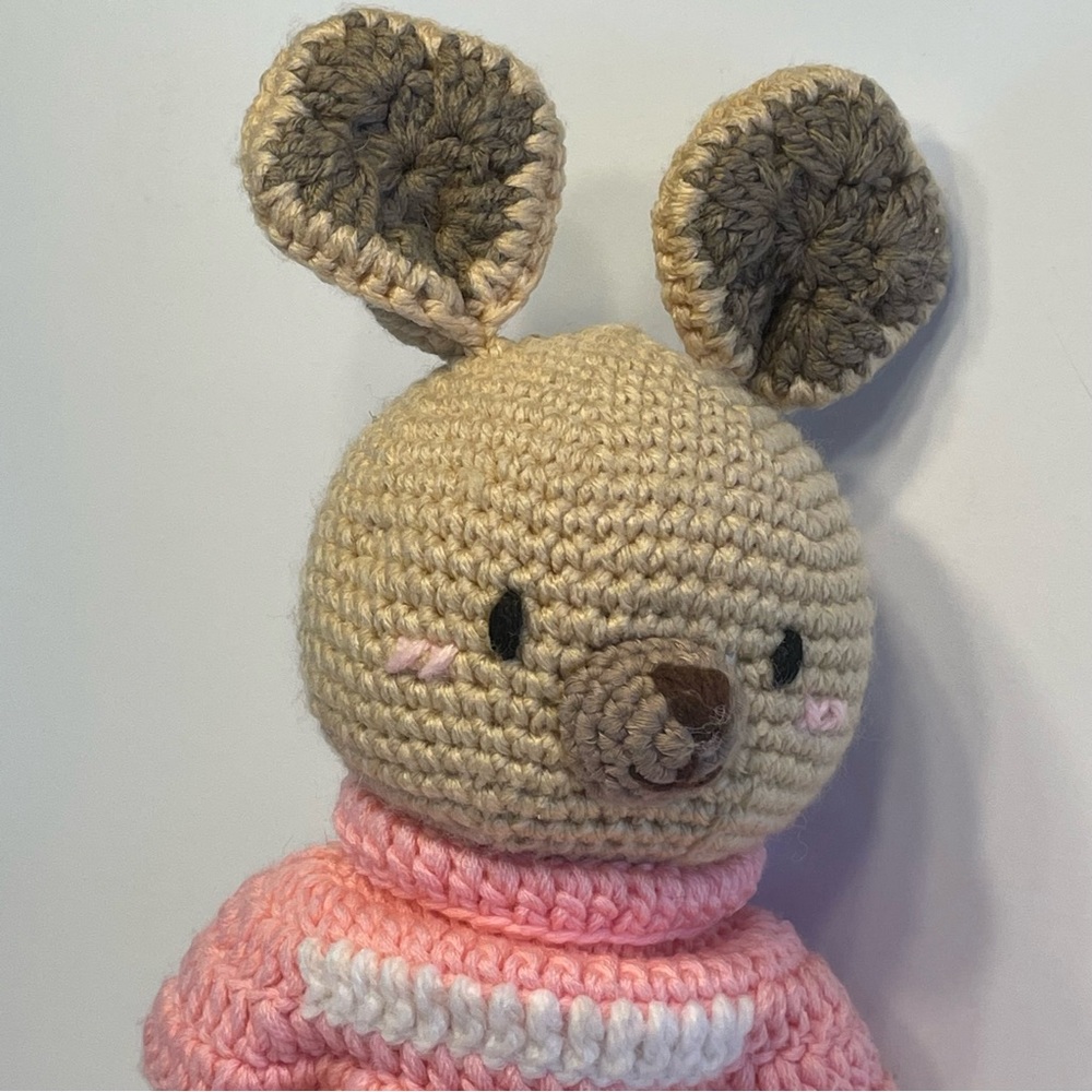 Crocheted 18"  Tan Kangaroo Pink Sweater